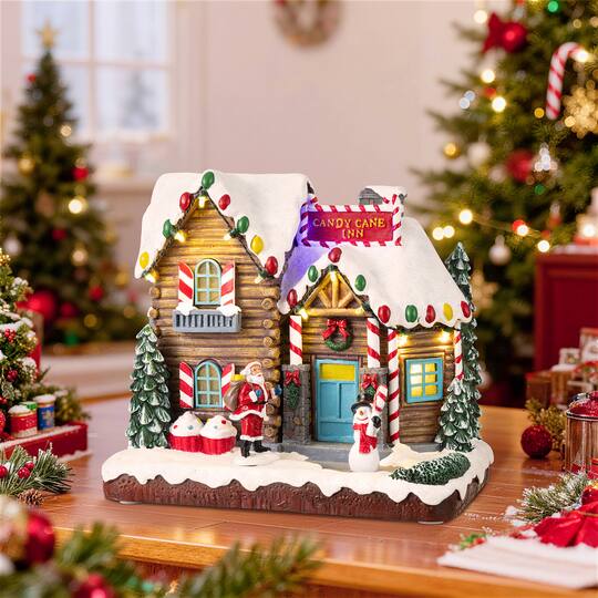 Glitzhome® 9" Lighted Christmas Candy Cane Inn Musical Resin Village with Timer
